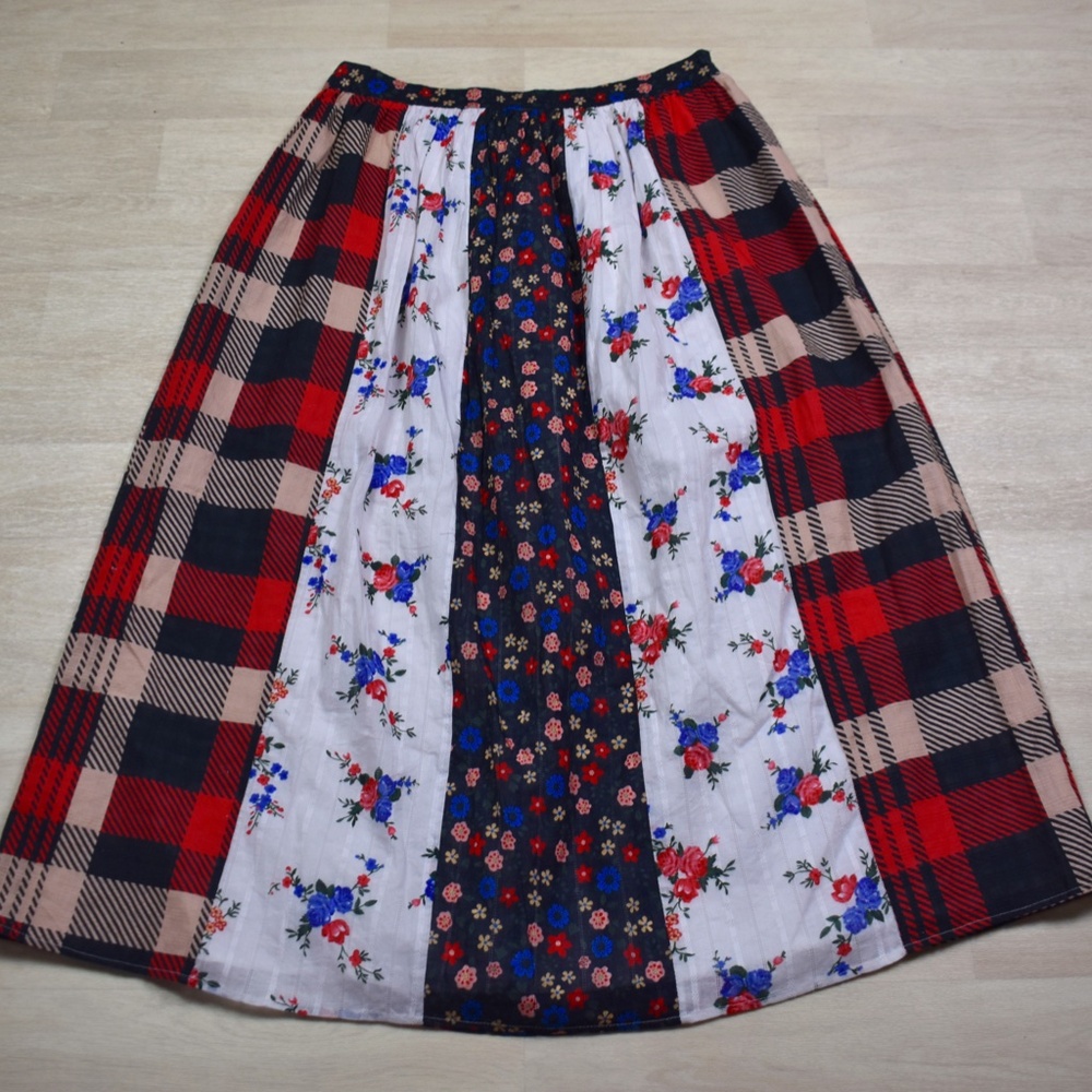 Anthropologie "Let Me Be" Plaid Floral Cotton "Contrast Maxi Skirt" Large Hippy